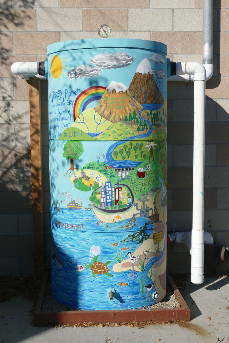 300 gallon ferrocement tank made by Permasystems with mural depicting artistic waershed designed by elementary school kids at Birney Elementary garden in University Heights, San Diego includes level gague on top and inlet and overflow pipes on each side